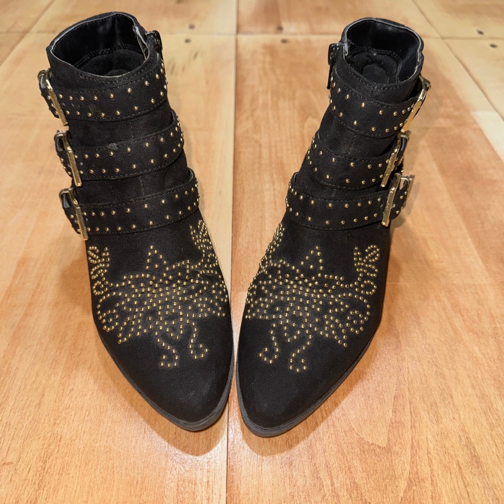 Topshop Black Studded Buckle Ankle Boots Gold Hardware‎ Western Booties EU 37